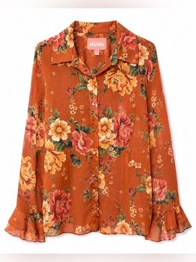 Show Me Your Mumu Floral Boho Cottagecore Ruffle Sleeve Sheer Blouse-Large